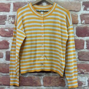 Lands End Cardigan Sweater Womens Medium Yellow Striped Basic Casual Capsule